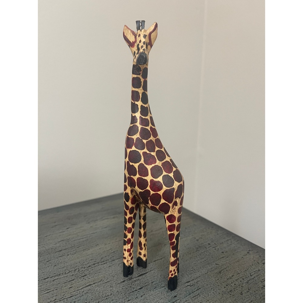 Hand Carved Wooden Giraffe Figurine Hand Painted Safari Decor 10 Inch Statue